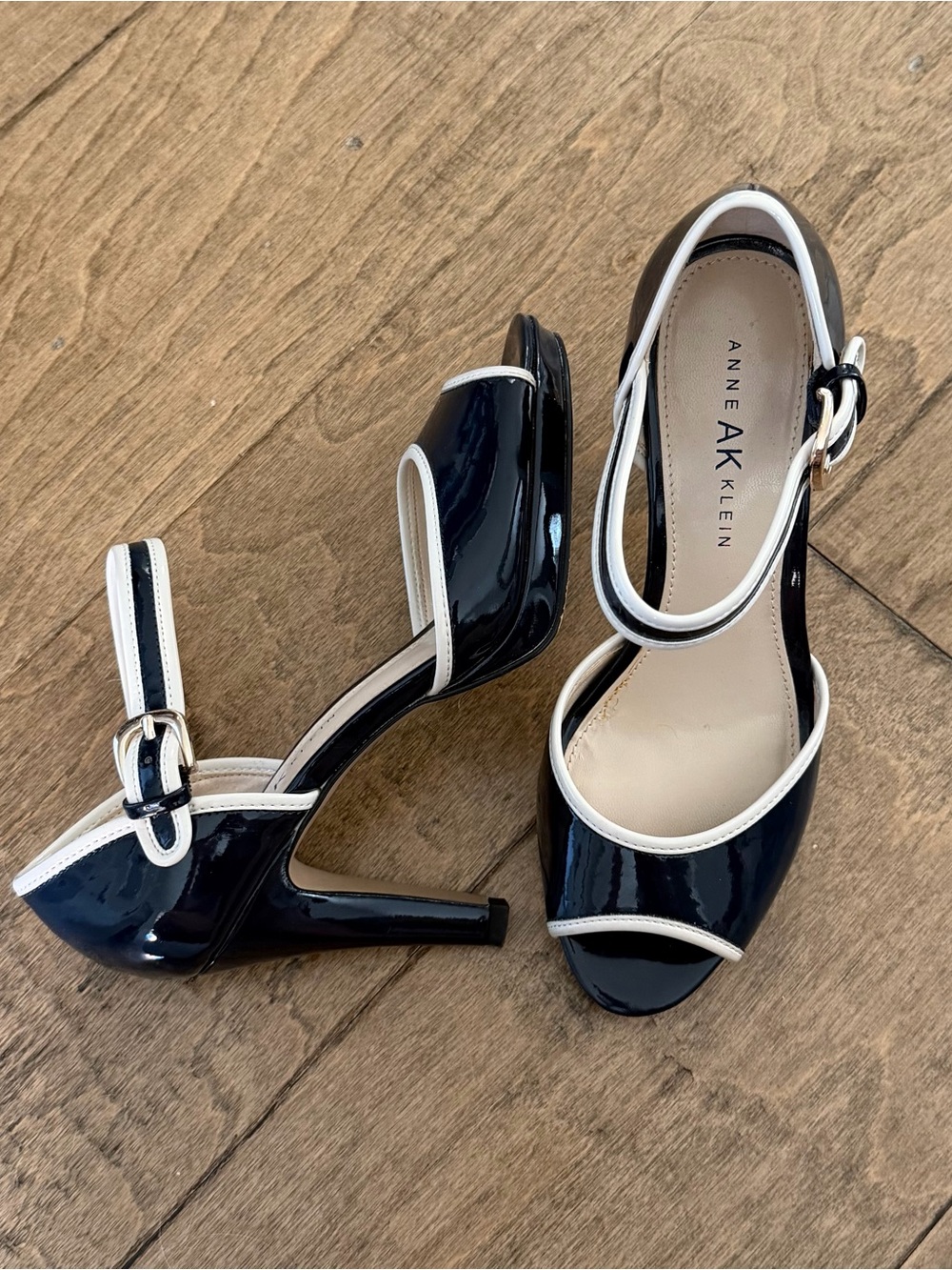 Anne Klein Navy Patent Peep-Toe Slingback Heels with Beige Trim
